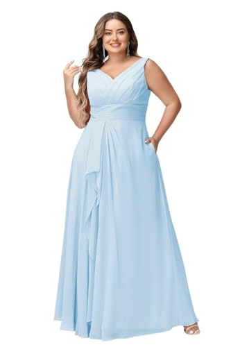 JAEDEN V-Ausschnitt Abendkleid Damen Große Größen Chiffon Brautjungfernkleid für Hochzeit Formelle Maxikleid Hellblau 48 von JAEDEN