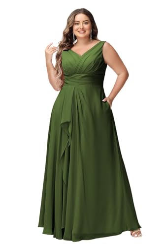 JAEDEN V-Ausschnitt Abendkleid Damen Große Größen Chiffon Brautjungfernkleid für Hochzeit Formelle Maxikleid Oliv 58 von JAEDEN