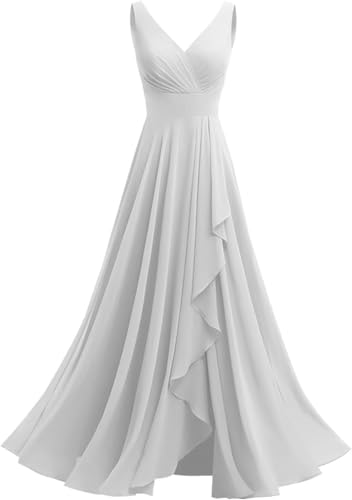 JAEDEN V-Ausschnitt Abendkleider A-Linie Lang Brautjungfernkleider Formelle Hochzeit Party Kleider Weiß 38 von JAEDEN