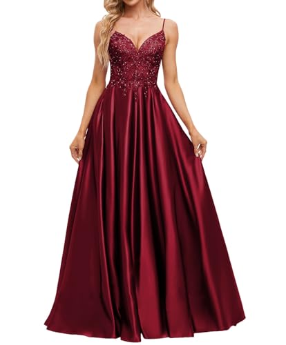 JAEDEN V-Ausschnitt Ballkleid Satin Spaghettiträger Abendkleider A-Linie Abiballkleider Burgund 36 von JAEDEN
