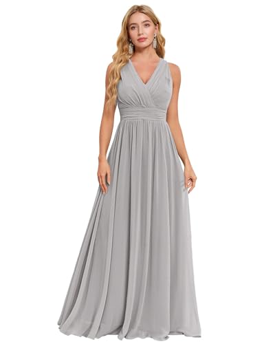 JAEDEN V-Ausschnitt Brautjungfernkleid A-Linie Lang Abendkleid Chiffon Hochzeitsgast Kleid Rückenfrei Silber 40 von JAEDEN