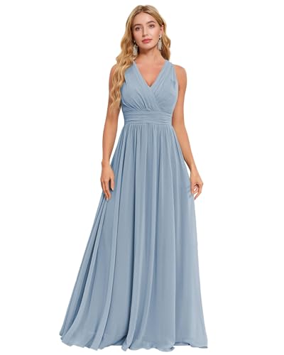 JAEDEN V-Ausschnitt Brautjungfernkleid A-Linie Lang Abendkleid Chiffon Hochzeitsgast Kleid Rückenfrei Staubiges Blau 56 von JAEDEN