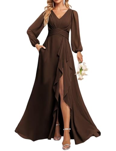 JAEDEN V-Ausschnitt Brautjungfernkleider Langarm Abendkleid Chiffon Lang Hochzeitsgast Kleid Braun 42 von JAEDEN