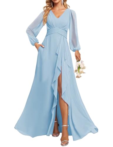 JAEDEN V-Ausschnitt Brautjungfernkleider Langarm Abendkleid Chiffon Lang Hochzeitsgast Kleid Himmelblau 40 von JAEDEN