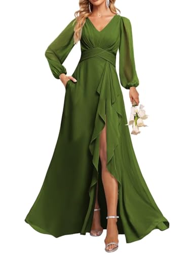 JAEDEN V-Ausschnitt Brautjungfernkleider Langarm Abendkleid Chiffon Lang Hochzeitsgast Kleid Olivgrün 44 von JAEDEN