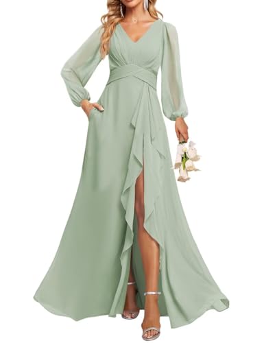 JAEDEN V-Ausschnitt Brautjungfernkleider Langarm Abendkleid Chiffon Lang Hochzeitsgast Kleid Salbeigrün 34 von JAEDEN