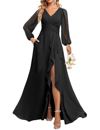 JAEDEN V-Ausschnitt Brautjungfernkleider Langarm Abendkleid Chiffon Lang Hochzeitsgast Kleid Schwarz 44 von JAEDEN