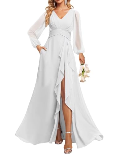 JAEDEN V-Ausschnitt Brautjungfernkleider Langarm Abendkleid Chiffon Lang Hochzeitsgast Kleid Weiß 40 von JAEDEN