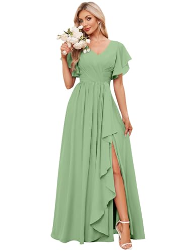 JAEDEN V-Ausschnitt Brautjungfernkleider mit Ärmel A-Linie Abendkleider Formelle Partykleider Festliche Kleid Staubiger Salbei 38 von JAEDEN