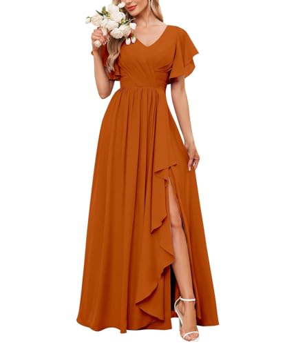 JAEDEN V-Ausschnitt Brautjungfernkleider mit Ärmel A-Linie Abendkleider Formelle Partykleider Festliche Kleider Gebranntes Orange 38 von JAEDEN