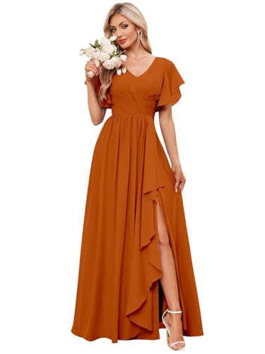 JAEDEN V-Ausschnitt Brautjungfernkleider mit Ärmel A-Linie Abendkleider Formelle Partykleider Festliche Kleider Gebranntes Orange 52 von JAEDEN