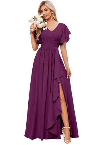 JAEDEN V-Ausschnitt Brautjungfernkleider mit Ärmel A-Linie Abendkleider Formelle Partykleider Festliche Kleider Plum 48 JAEDEN V-Ausschnitt Brautjungfernkleider mit Ärmel A-Linie Abendkleider Formelle Partykleider Festliche Kleider Plum 48 von JAEDEN