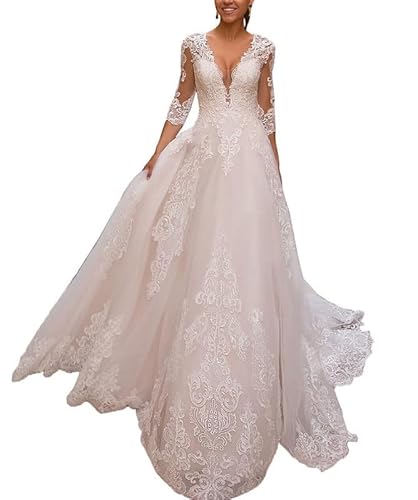 JAEDEN V-Ausschnitt Brautkleid mit Ärmel Spitzen Standesamtkleid A-Linie Prinzessin Hochzeitskleider Champagner 52 von JAEDEN