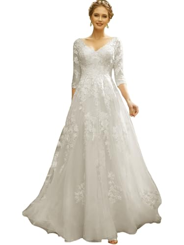 JAEDEN V-Ausschnitt Brautkleider Hochzeitskleider Spitze Tüll Brautmode Kleider Prinzessin Elfenbein 50 von JAEDEN