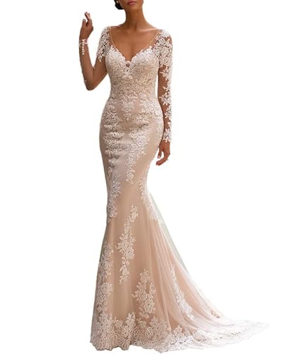 JAEDEN V-Ausschnitt Brautkleider Meerjungfrau Lang Spitze Hochzeitskleider Standesamtliche Brautkleid Langarm Champagner 44 von JAEDEN