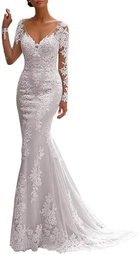 JAEDEN V-Ausschnitt Brautkleider Meerjungfrau Lang Spitze Hochzeitskleider Standesamtliche Brautkleid Langarm Weiß 36 von JAEDEN