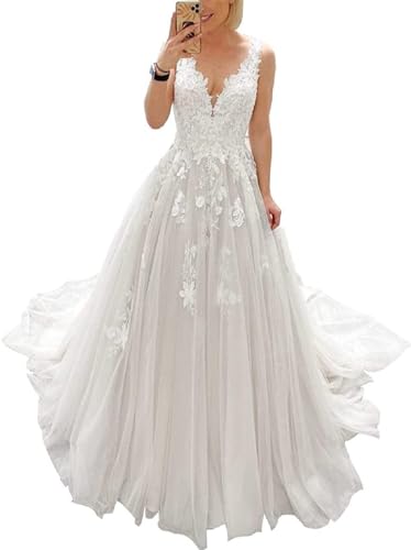 JAEDEN V-Ausschnitt Brautkleider Spitze Tüll Hochzeitskleider für Damen A-Linie Standesamt Kleid mit Schleppe Weiß 40 von JAEDEN
