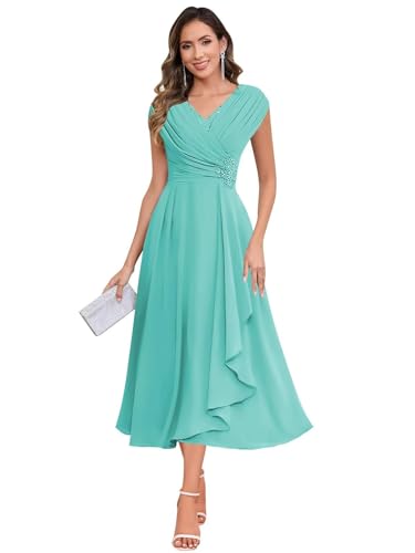 JAEDEN V-Ausschnitt Brautmutterkleider Teelanges Chiffon Abendkleider Damen Festliche Kleider Aqua 38 von JAEDEN