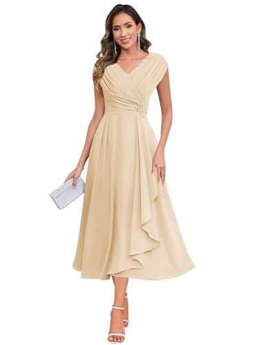 JAEDEN V-Ausschnitt Brautmutterkleider Teelanges Chiffon Abendkleider Damen Festliche Kleider Champagner 36 JAEDEN V-Ausschnitt Brautmutterkleider Teelanges Chiffon Abendkleider Damen Festliche Kleider Champagner 36 von JAEDEN