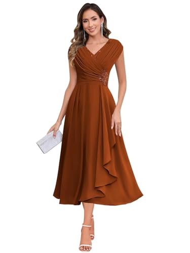 JAEDEN V-Ausschnitt Brautmutterkleider Teelanges Chiffon Abendkleider Damen Festliche Kleider Gebranntes Orange 40 von JAEDEN