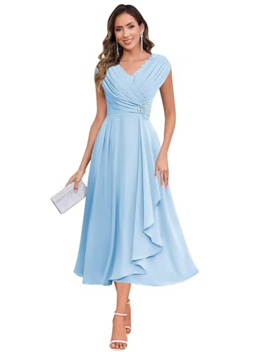 JAEDEN V-Ausschnitt Brautmutterkleider Teelanges Chiffon Abendkleider Damen Festliche Kleider Himmelblau 38 von JAEDEN