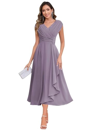 JAEDEN V-Ausschnitt Brautmutterkleider Teelanges Chiffon Abendkleider Damen Festliche Kleider Mauve 48 von JAEDEN