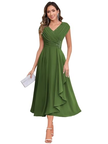 JAEDEN V-Ausschnitt Brautmutterkleider Teelanges Chiffon Abendkleider Damen Festliche Kleider Olivgrün 36 von JAEDEN