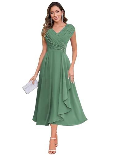 JAEDEN V-Ausschnitt Brautmutterkleider Teelanges Chiffon Abendkleider Damen Festliche Kleider Pastellgrün 48 von JAEDEN