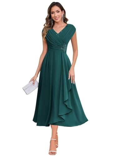 JAEDEN V-Ausschnitt Brautmutterkleider Teelanges Chiffon Abendkleider Damen Festliche Kleider Pfau 40 von JAEDEN