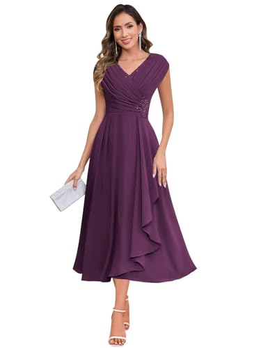 JAEDEN V-Ausschnitt Brautmutterkleider Teelanges Chiffon Abendkleider Damen Festliche Kleider Plum 44 JAEDEN V-Ausschnitt Brautmutterkleider Teelanges Chiffon Abendkleider Damen Festliche Kleider Plum 44 von JAEDEN
