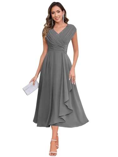 JAEDEN V-Ausschnitt Brautmutterkleider Teelanges Chiffon Abendkleider Damen Festliche Kleider Stahlgrau 38 von JAEDEN