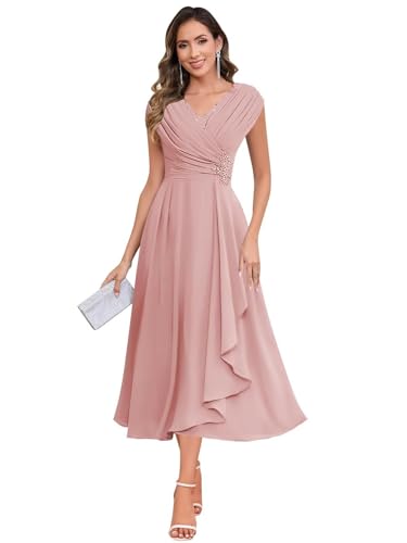 JAEDEN V-Ausschnitt Brautmutterkleider Teelanges Chiffon Abendkleider Damen Festliche Kleider Staubige Rose 46 von JAEDEN