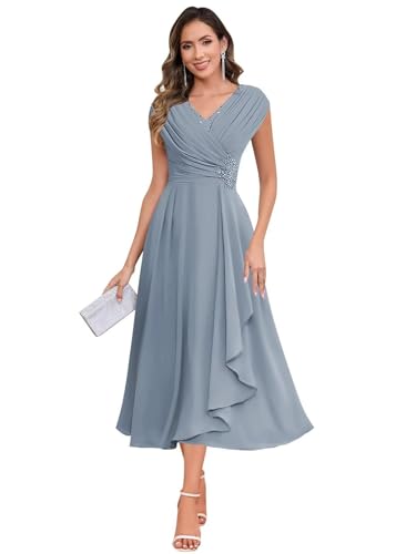 JAEDEN V-Ausschnitt Brautmutterkleider Teelanges Chiffon Abendkleider Damen Festliche Kleider Staubiges Blau 46 von JAEDEN
