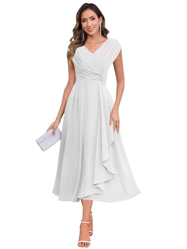 JAEDEN V-Ausschnitt Brautmutterkleider Teelanges Chiffon Abendkleider Damen Festliche Kleider Weiß 46 von JAEDEN