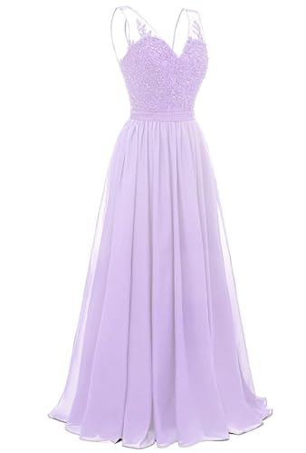 JAEDEN V-Ausschnitt Spitze Brautjungfernkleider Lang Chiffon Abendkleider A-Linie Festliche Kleider für Damen Lila 44 von JAEDEN