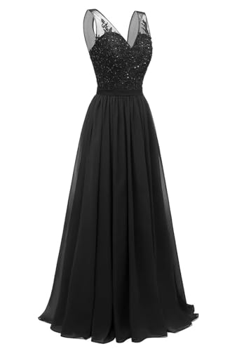 JAEDEN V-Ausschnitt Spitze Brautjungfernkleider Lang Chiffon Abendkleider A-Linie Festliche Kleider für Damen Schwarz 50 von JAEDEN