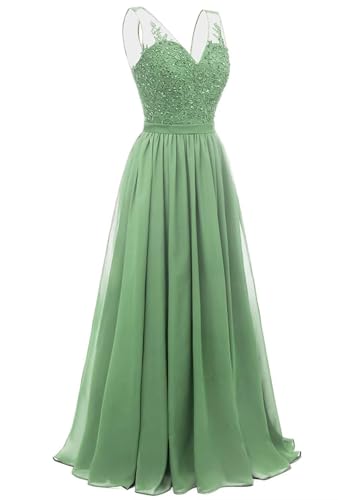JAEDEN V-Ausschnitt Spitze Brautjungfernkleider Lang Chiffon Abendkleider A-Linie Festliche Kleider für Damen Staubiger Salbei 52 von JAEDEN