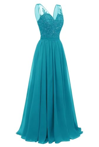 JAEDEN V-Ausschnitt Spitze Brautjungfernkleider Lang Chiffon Abendkleider A-Linie Festliche Kleider für Damen Türkis 40 von JAEDEN