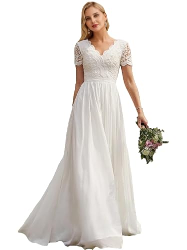 JAEDEN Vintage Brautkleid mit Ärmel Boho Hochzeitskleider Schlicht Standesamt Braut Kleider Weiß 38 von JAEDEN