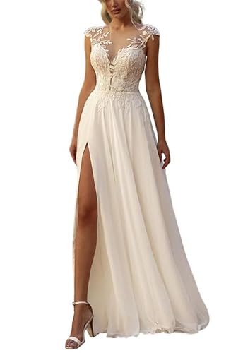 JAEDEN Vintage Brautkleider Damen Lang Boho Hochzeitskleider Strand Hochzeit Brautkleid mit Schlitz Elfenbein 36 von JAEDEN