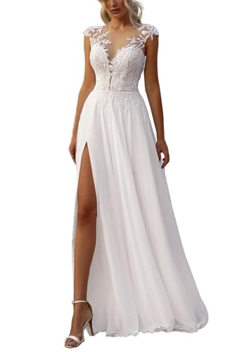 JAEDEN Vintage Brautkleider Damen Lang Boho Hochzeitskleider Strand Hochzeit Brautkleid mit Schlitz Weiß 40 von JAEDEN