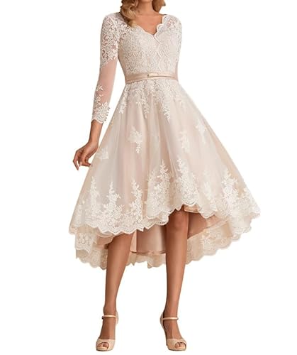 JAEDEN Kurz Brautkleider Spitze Tüll Brautkleid Vintage Unregelmässig Hochzeitskleider Langarm Standesamtkleid A-Linie Champagner 56 von JAEDEN