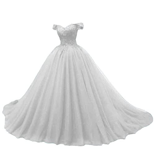 JAEDEN Quinceanera Kleider Prinzessin Lang Tüll A-Linie Ballkleider Abiballkleider Cinderella Abschluss Kleid Schulterfrei Elfenbein 34 von JAEDEN