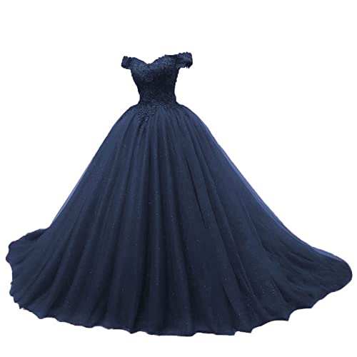 JAEDEN Quinceanera Kleider Prinzessin Lang Tüll A-Linie Ballkleider Abiballkleider Cinderella Abschluss Kleid Schulterfrei Navyblau 40 von JAEDEN