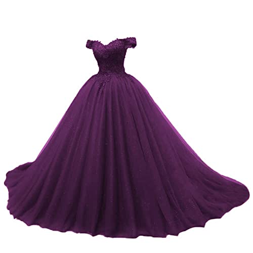 JAEDEN Quinceanera Kleider Prinzessin Lang Tüll A-Linie Ballkleider Abiballkleider Cinderella Abschluss Kleid Schulterfrei Plum 38 von JAEDEN