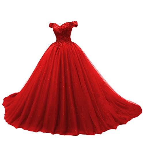 JAEDEN Quinceanera Kleider Prinzessin Lang Tüll A-Linie Ballkleider Abiballkleider Cinderella Abschluss Kleid Schulterfrei Rot 34 von JAEDEN