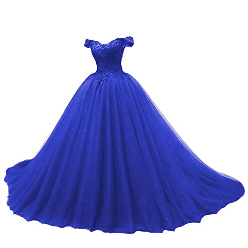 JAEDEN Quinceanera Kleider Prinzessin Lang Tüll A-Linie Ballkleider Abiballkleider Cinderella Abschluss Kleid Schulterfrei Royalblau 48 von JAEDEN