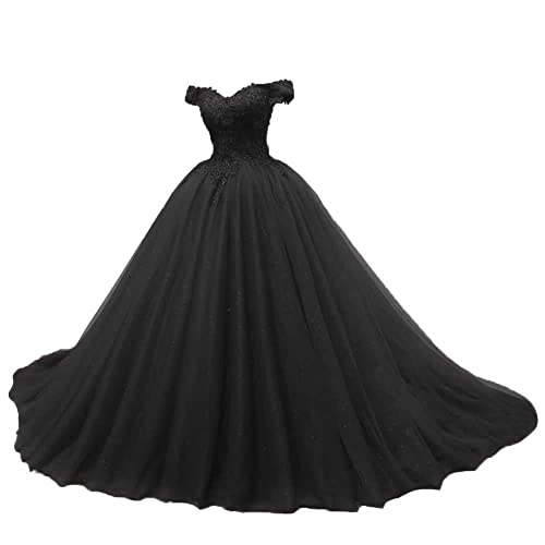 JAEDEN Quinceanera Kleider Prinzessin Lang Tüll A-Linie Ballkleider Abiballkleider Cinderella Abschluss Kleid Schulterfrei Schwarz 48 von JAEDEN