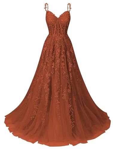 JAEDEN Tüll Ballkleider Lang A-Linie Abendkleid Spitzen Abiballkleid Ärmellose Festliche Partykleid Gebranntes Orange 50 von JAEDEN