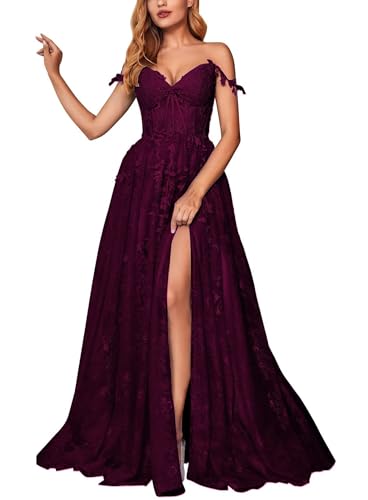 Tüll Ballkleider Lang A-Linie Abendkleid Spitzen Abiballkleid Festliche Partykleid Ärmellose Pflaume 40 von JAEDEN